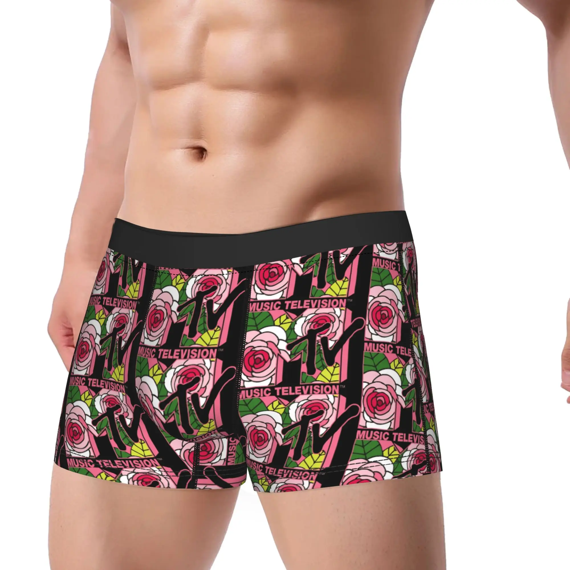 Vintage Pink Roses Stained Glass Retro Pop MTV Underpants Breathbale Panties Man Underwear Comfortable Shorts Boxer Briefs
