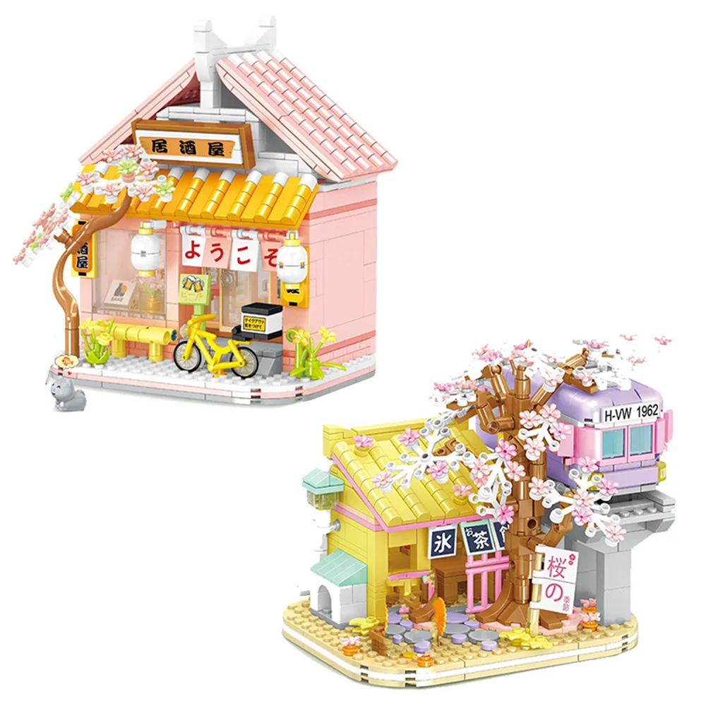 Japan City Street View Mini Block Japanese Pub Restaurant Build Brick Figures Izakaya Streetscape Railway Teahouse Toys For Gift