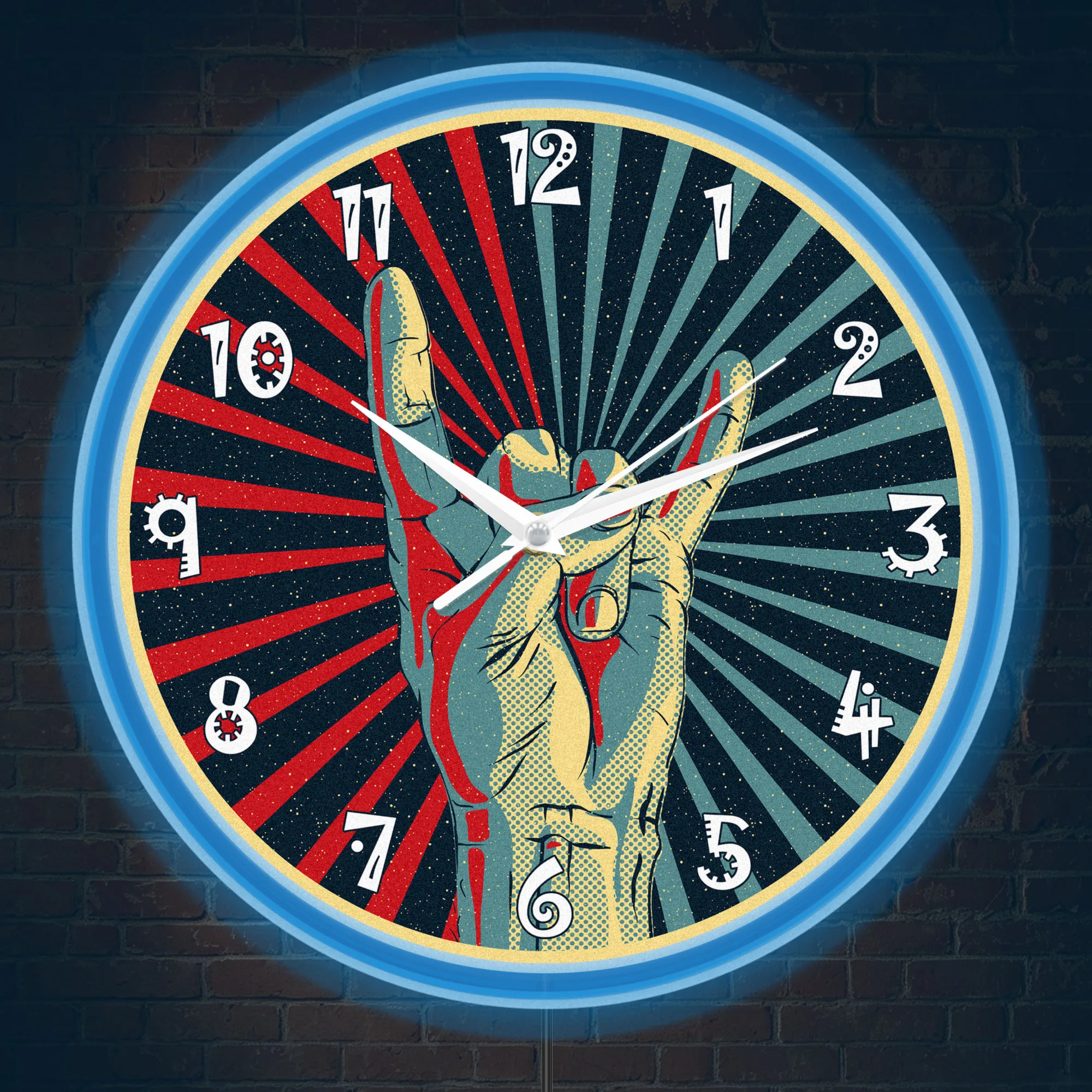 Vintage Pop Art Rock Hand Illuminated Sign Neon Wall Clock for Man Cave Music Room Heavy Metal Music LED Light Up Wall Clock