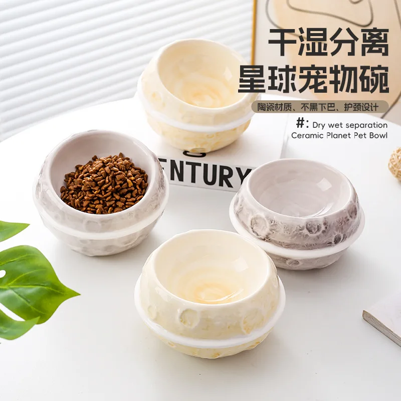 Underglaze Color Planet Ceramic Cat Food Bowl Cat Water Bowl Neck Protection Oblique Foot