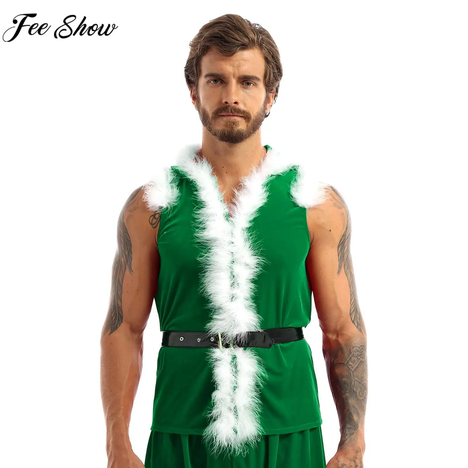 

Men Christmas Outerwear Xmas Party Halloween Carnival Santa Claus Cosplay Stage Show Costume Sleeveless Velvet Hooded Vest Coat