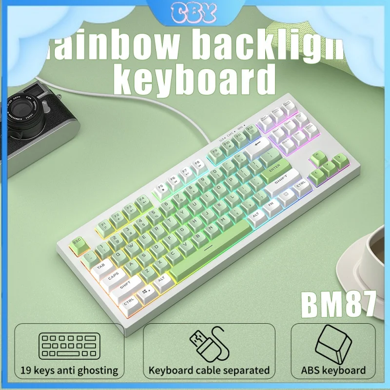 New Bm87 Wired Keyboard Keys Mute Abs Keycap Double Color Luminous Mechanical Feel Desktop Laptop Esports Game Accessories