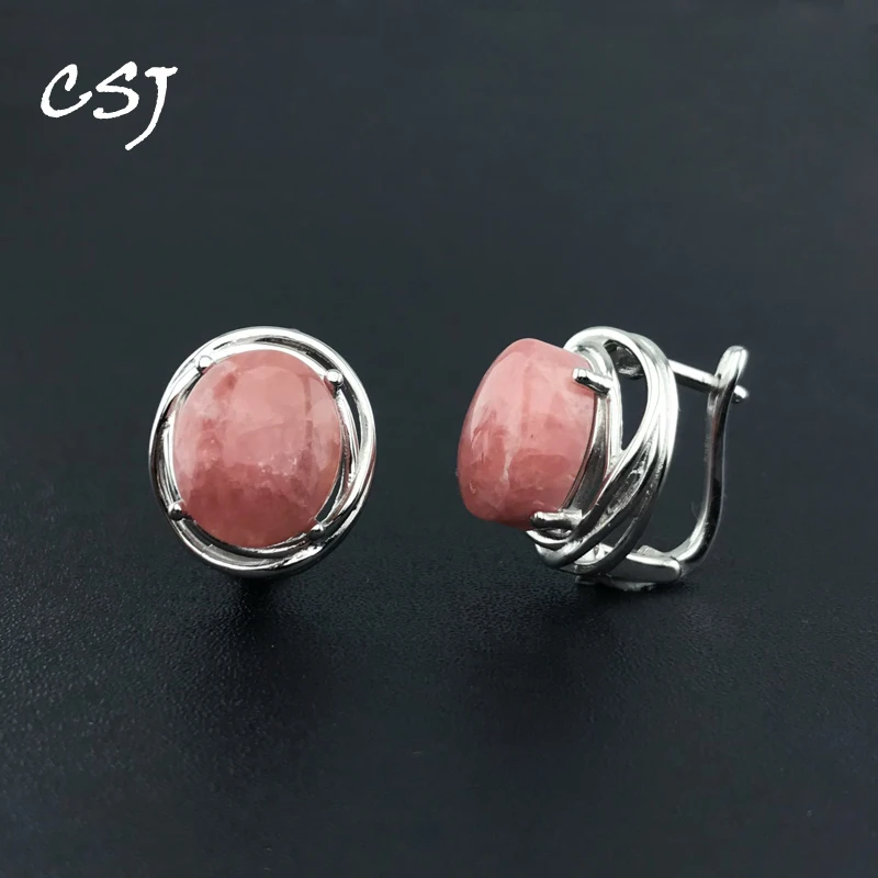 

CSJ Genuine Natural Rhodochrosite Earrings Sterling 925 Silver Gemstone Oval12*10mm for Women Birthday Party Jewelry Gift