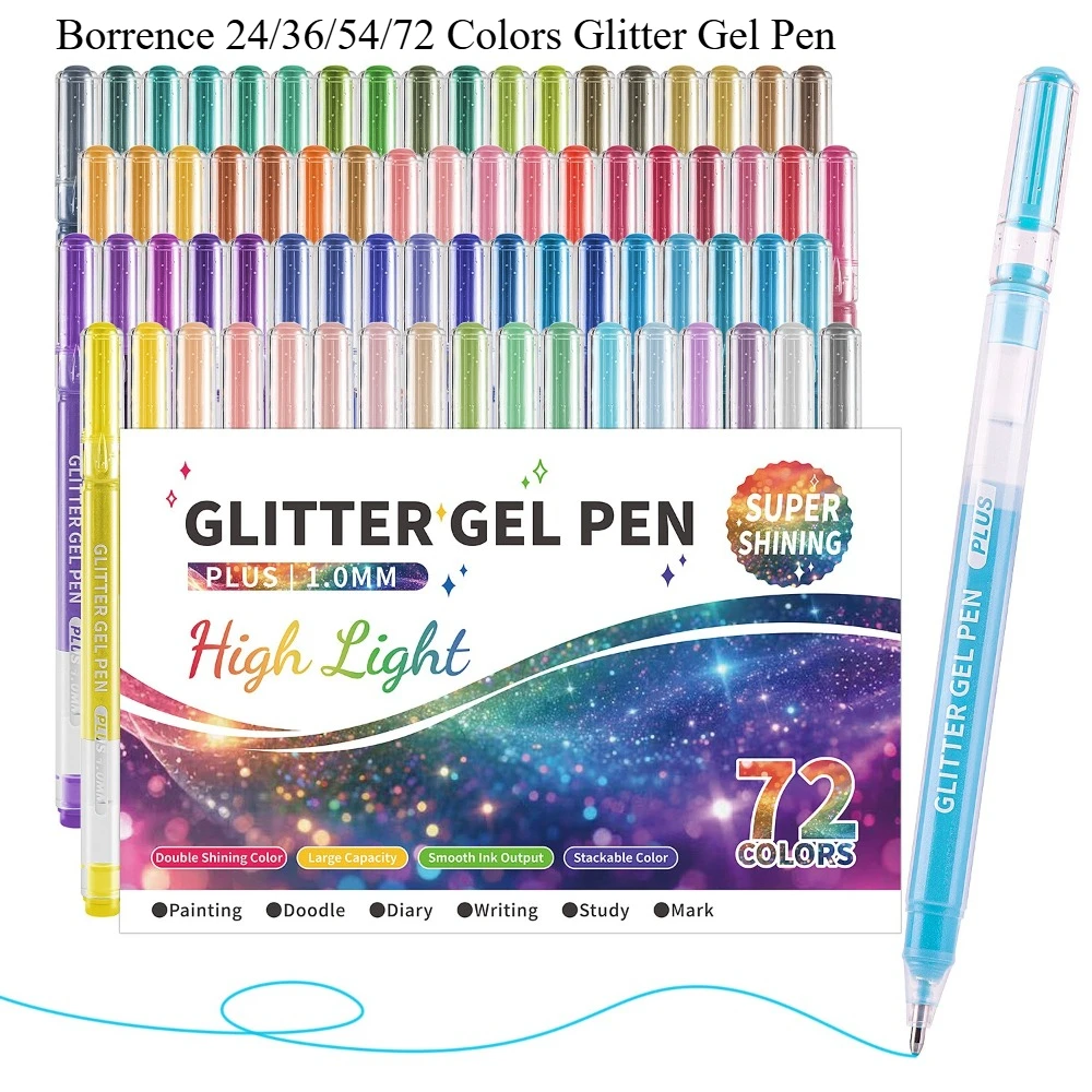 

Borrence Gel Pens Glitter Colors 24/36/54/72 Colors Fine Tip Highlighter Pen for Writing Diary Poster Card Coloring Diy Drawing