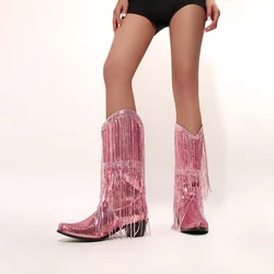 Fashion Sequins Fringe Cowboy Boots Chunky Heels Pointed Toe Pink Knight Boots Slip-on Shoes Mid Calf Boots