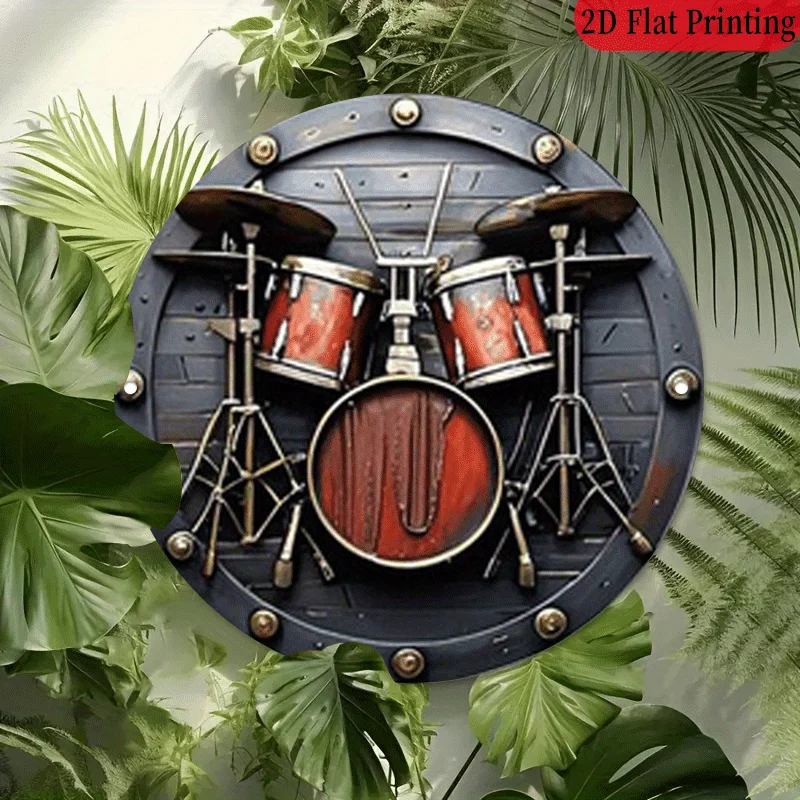 2D مسطح، 1 قطعة، 20.32 × 20.32 سم 2D علامة ألومنيوم مستديرة، أداة فرقة طبلة عتيقة، لوحة معدنية لموسيقى الروك، لوحة قديمة بطابع شريطي