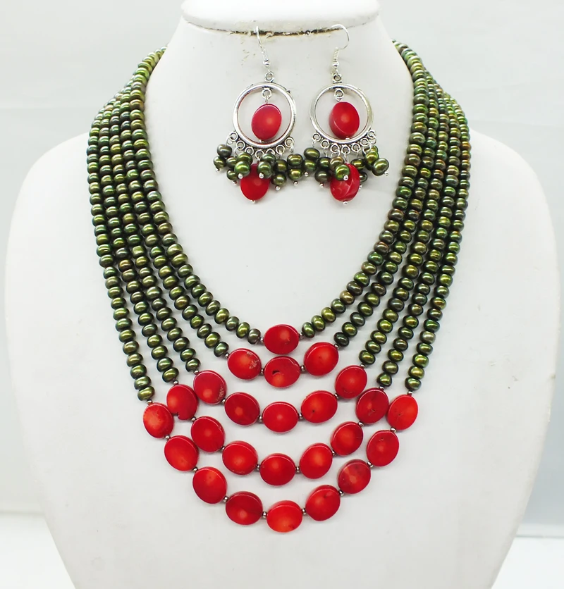 5 floors. Freshwater Pearls. Coral, Nigerian Bridal Necklace. Jewelry Set