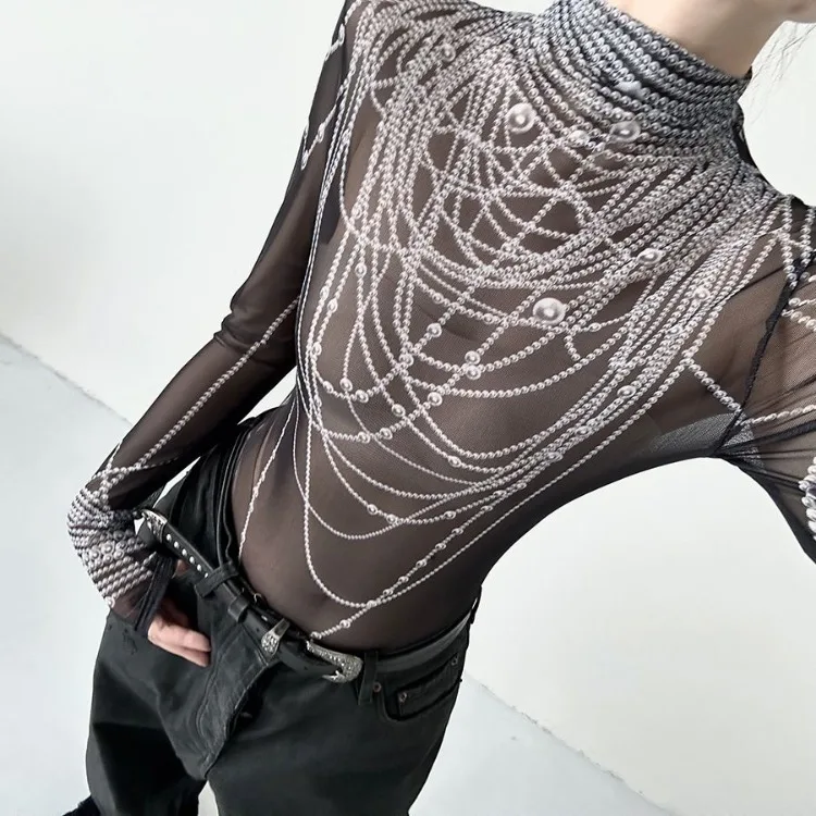 3D Pearl Print Half-high Collar T-shirts Spring New Slim Fit See Through Mesh Tees Y2k E-Girl Long Sleeve Bottoming Tops Women