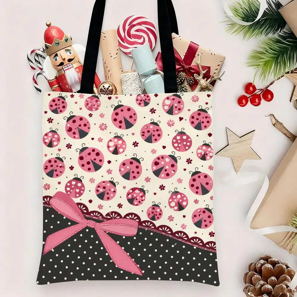 Ladybugs Love Hearts Storage Bags Canvas Tote Bag Double-Sided Print Durable Shoulder Handbag for Festival Party Gift