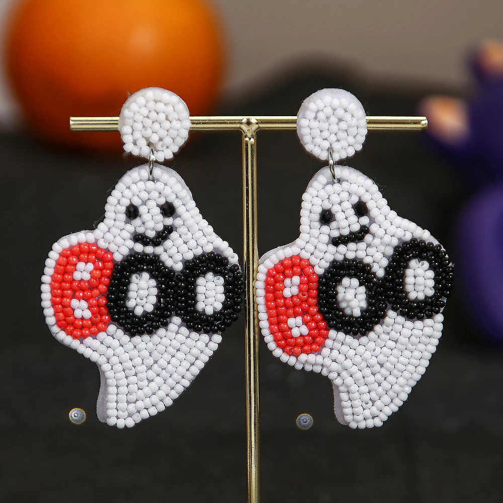 2023 New Fashion Hand Knitting Beaded Halloween Pumpkin Ghost Skull  BOO Seed Bead All Saints\' Day Earrings Women Jewelry