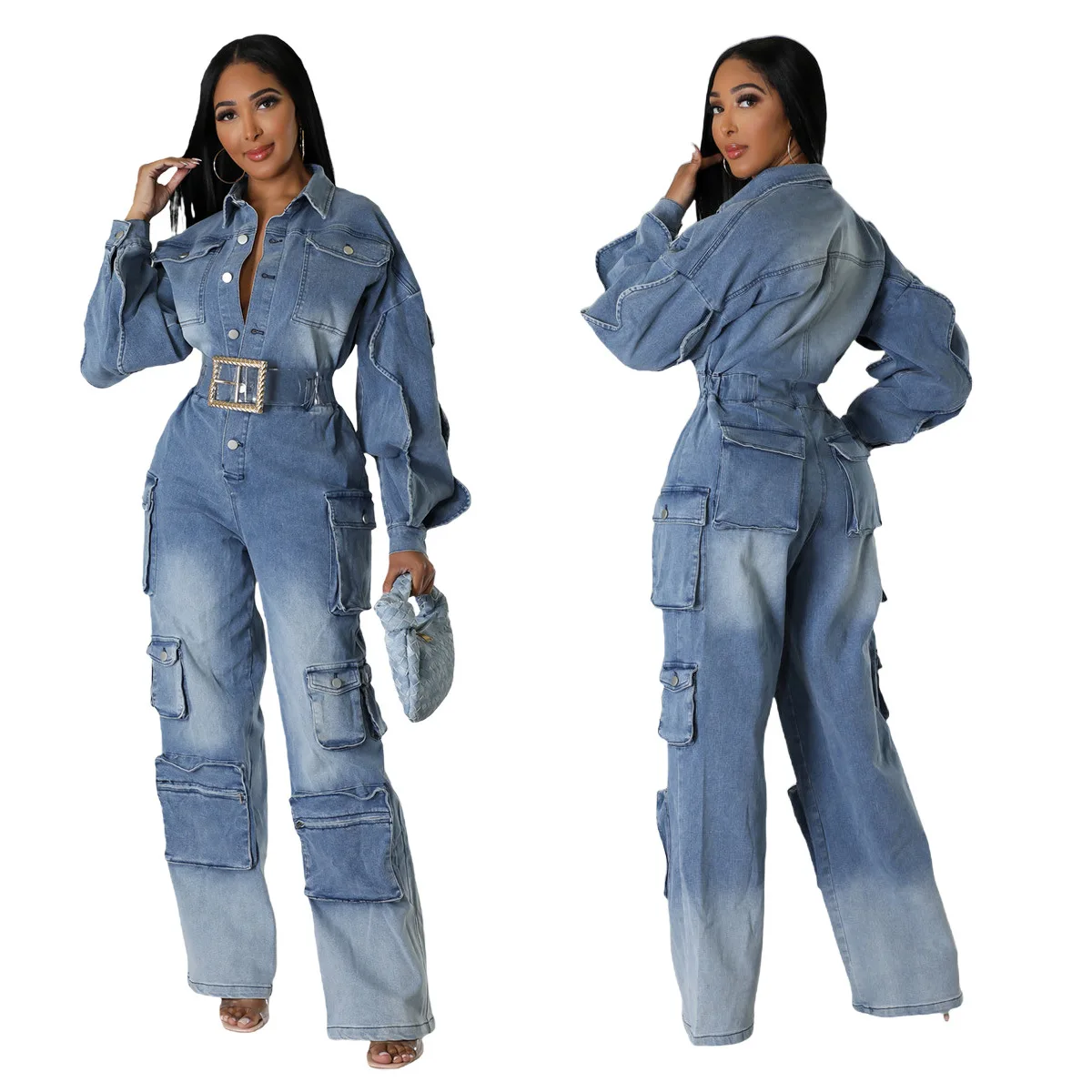 Women'S Jumpsuit Winter Fashion Long Sleeve Multi-Pocket Cargo Pants Denim Jumpsuit Casual Straight Wide-Leg Pants Jean Jumpsuit