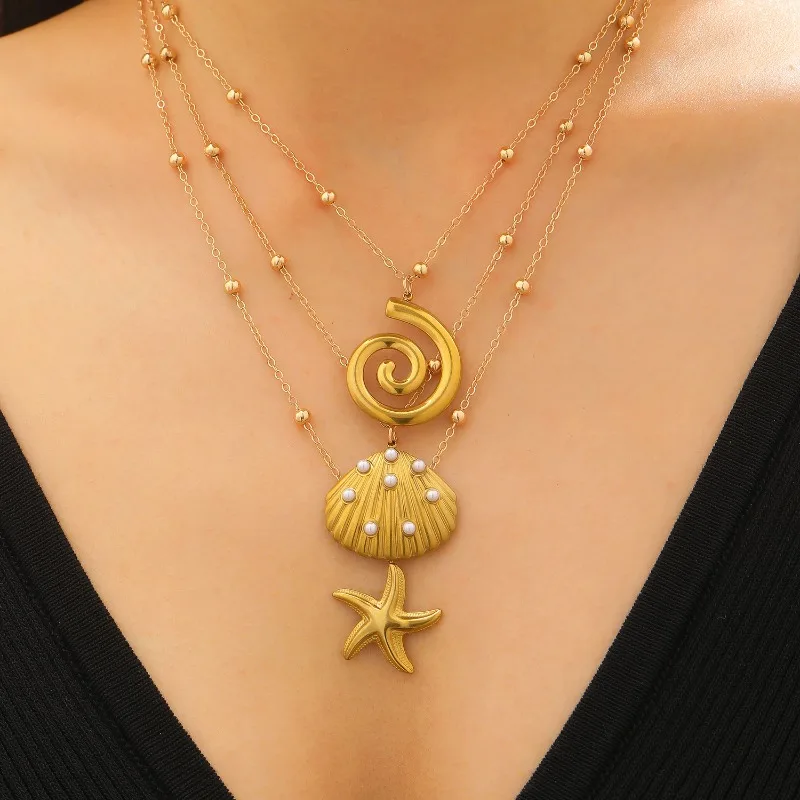 

Ocean Series Shell Starfish Vortex Stainless Steel Premium Multi layer Necklace