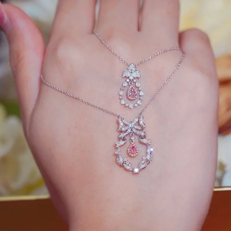 Romantic Style Pendant Water Droplet Light Pink Crystal Snowflake Gemstone Collar Chain Dreamy Engagement Jewelry