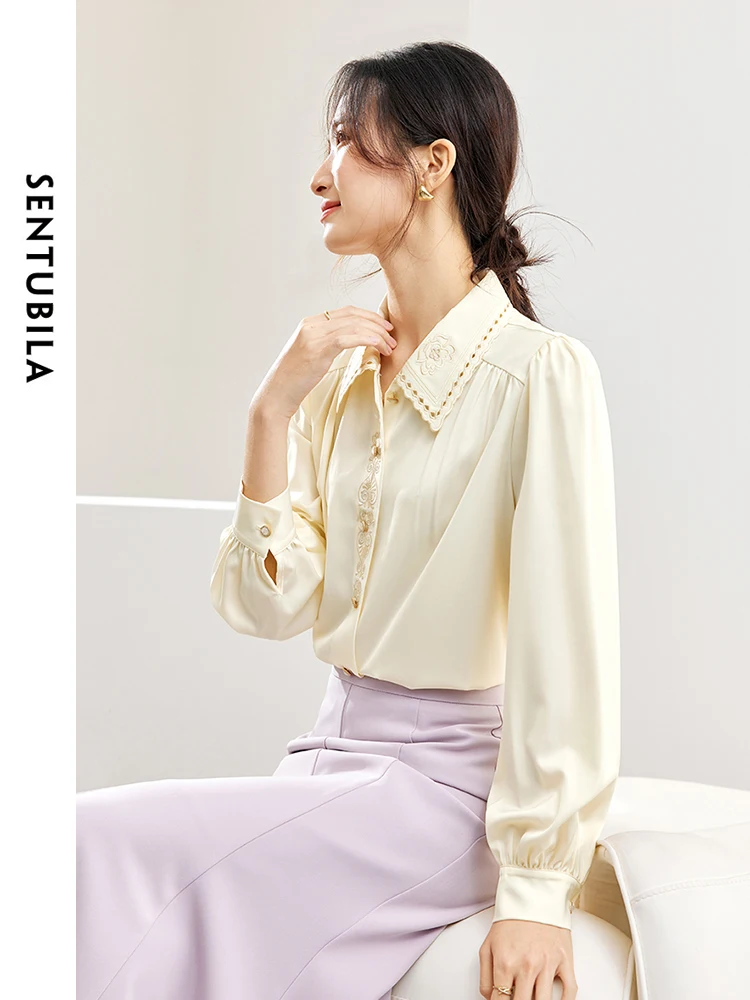 SENTUBILA Embroidery Button up Shirts for Women 2024 Spring Autumn Casual Elegant Commute Long Sleeve Tops Lady Shirt 141C52906