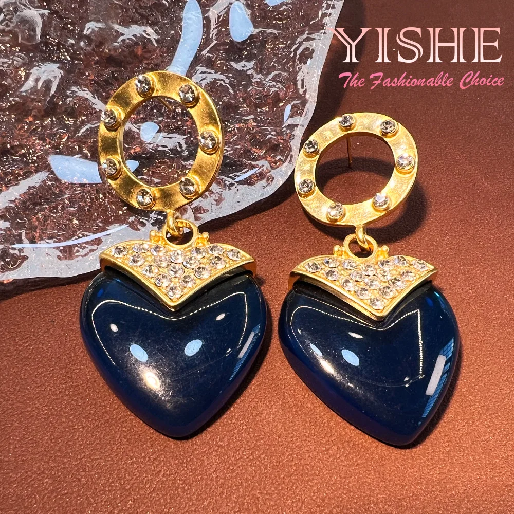 New retro love blue earrings, western antique vintage copper plated real gold versatile face thin antique style