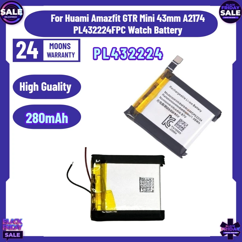 

New 280mAh PL432224 Replacement Watch Battery for Huami Amazfit GTR Mini 43mm A2174 PL432224FPC Watch Battery