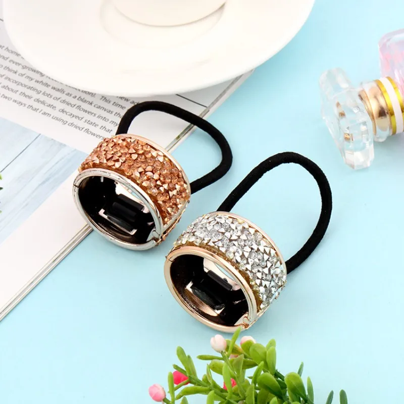 2PCS Retro Crystal Metal Alloy Opening Elastic Hair Rope Buckle Punk Style Women Ponytail Holder Round Hair Ring Girls Headdress