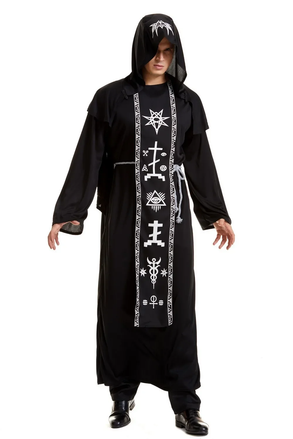 Adult Medieval Magician Robe Cosplay Costume For Men Women Black Hooded Scary Witch Devil Role Play Costume For Halloween Party