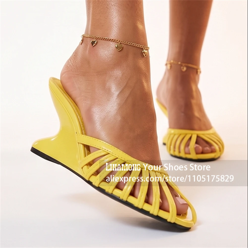 Multi Thin Straps Caged Vamp Slippers Sculptural Curved Wedge Heel Summer Shoes Strappy Open Toe Slide Sandals for Women Custom