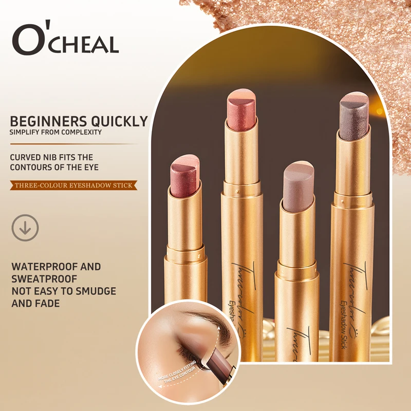 O'CHEAL ثلاثة ألوان ظلال العيون عصا التدرج حساسة لامعة مقاوم للماء بريق ظلال العيون مقاوم للماء مستحضرات التجميل العين طويلة الأمد