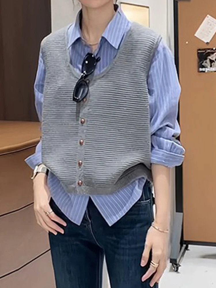 

Модный комплект из полосатой кофты и жилета на одной пуговице для женщин, зима 2025, повседневный свободный крой, комплект из двух предметов, стильный дизайн