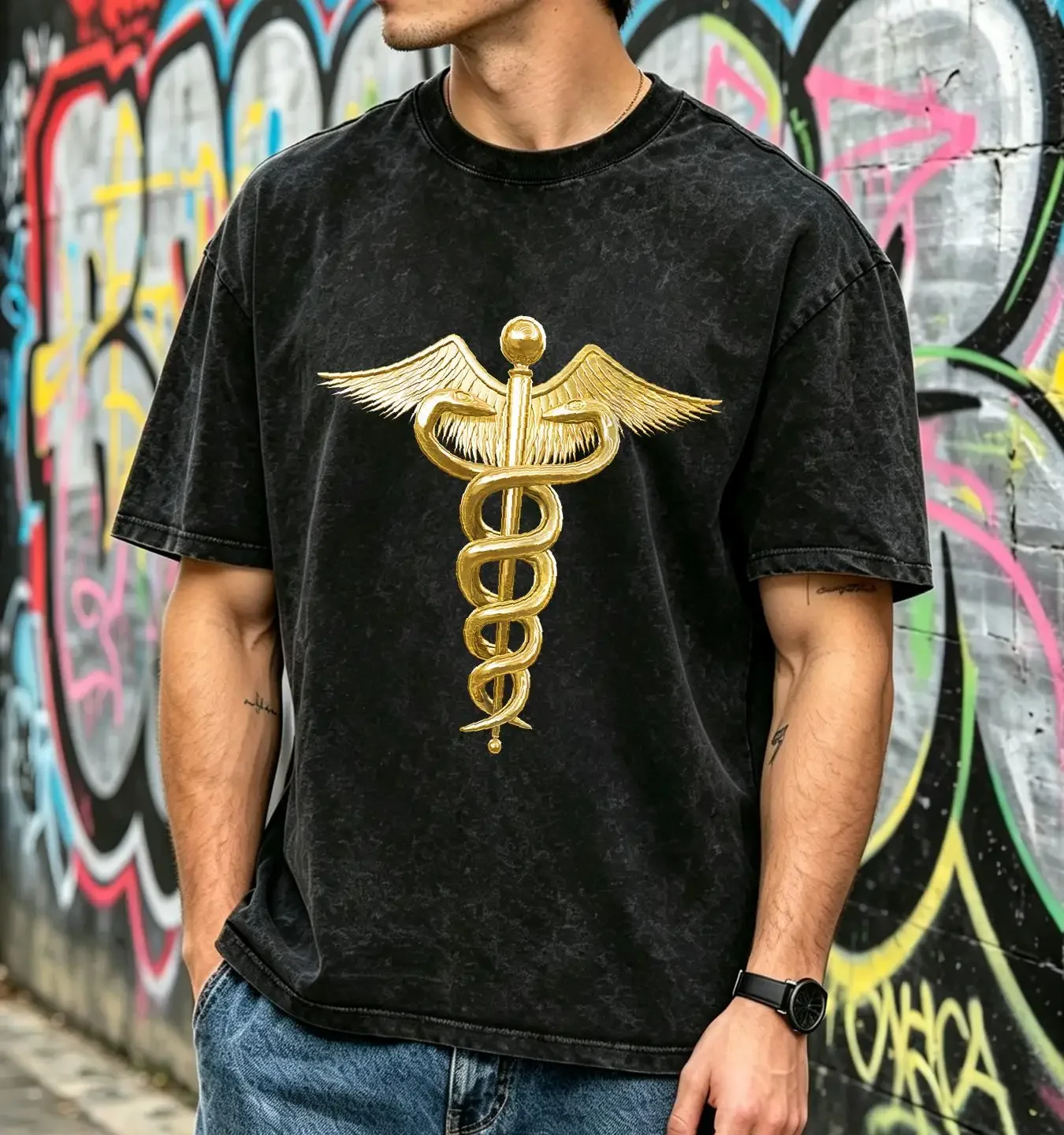 washed T Shirt NEW LIMITED Gold Caduceus Medical Traditional Symbol long or short sleeves vintage Washed graphic Stretched