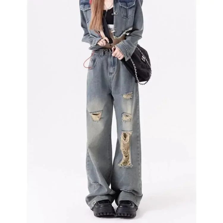 

High-waist Slim-fit Hole-punched Jeans Women Autumn Fashion Design Spicy Girl Straight-crotch Loose-leg Long Pants