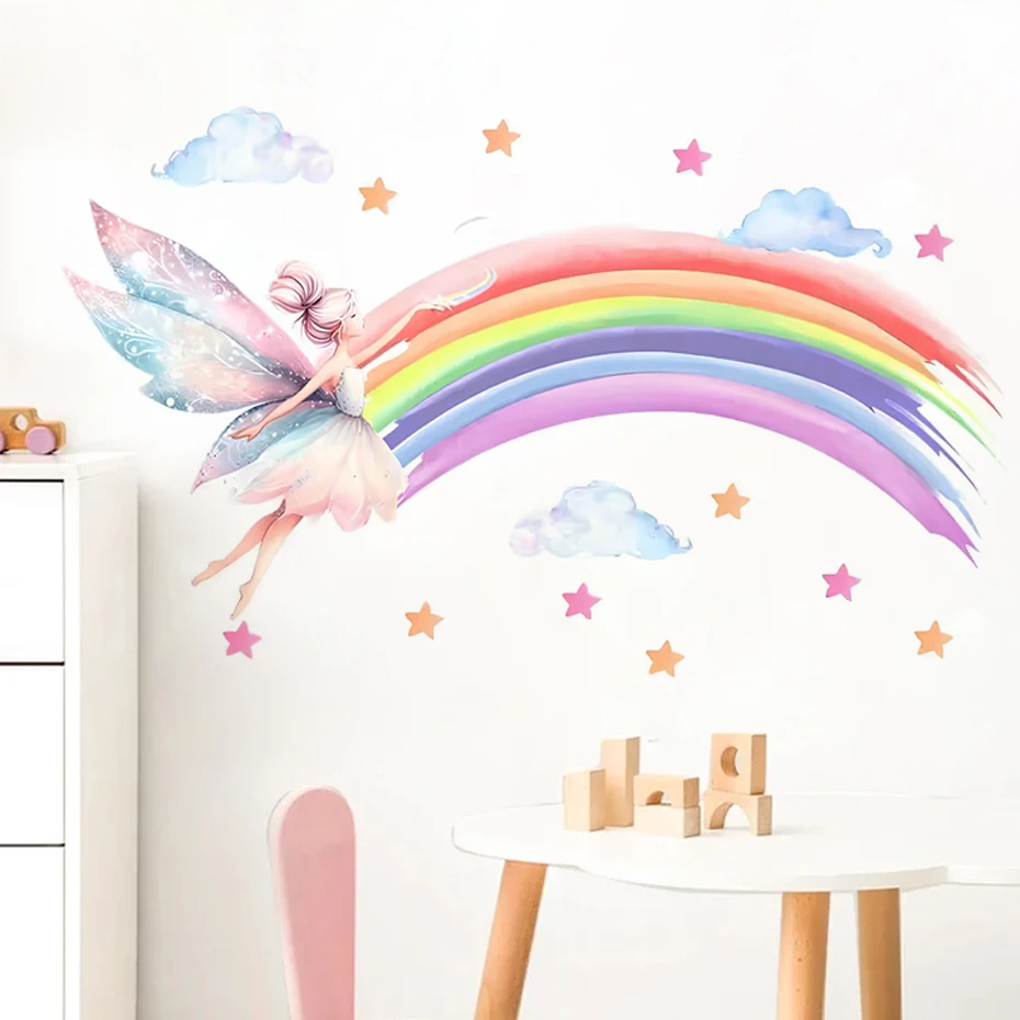 Cartoon Elf Girl Rainbow Wall Sticker Girls Room Cloud Elf Wall Sticker Children\'s Bedroom Decor Wallpaper Self-adhesive Decals