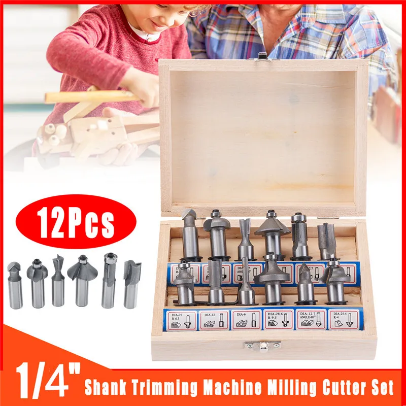 12pcs/set Woodworking tools Milling Cutters 1/4''/6mm Shank Carbide Router Bits For Wood Cutter frezy Cutting metal fresas