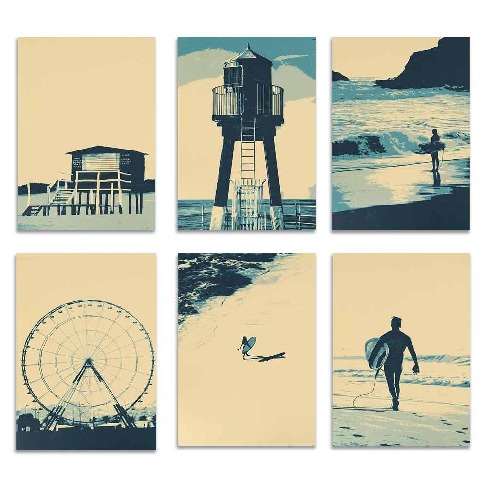 Sea fort -Ferris Wheel - Coastal Print - Blue Yellow Wall Art - Coastal Wall Art - Surfing - Surfer - Wall Art - Coastal Decor