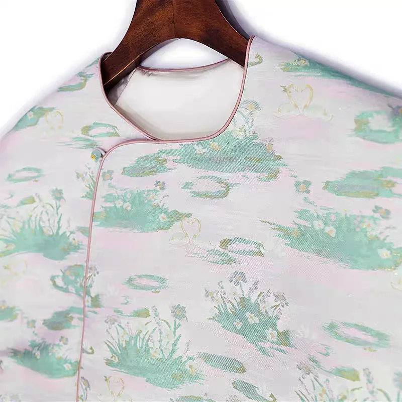 BirdTree-Song Brocade Silk Elegant Coat, O Neck Long Sleeve Lace-up, Women Retro Commute Loose Cardigan Coat, 2025 Fall C5O763CC