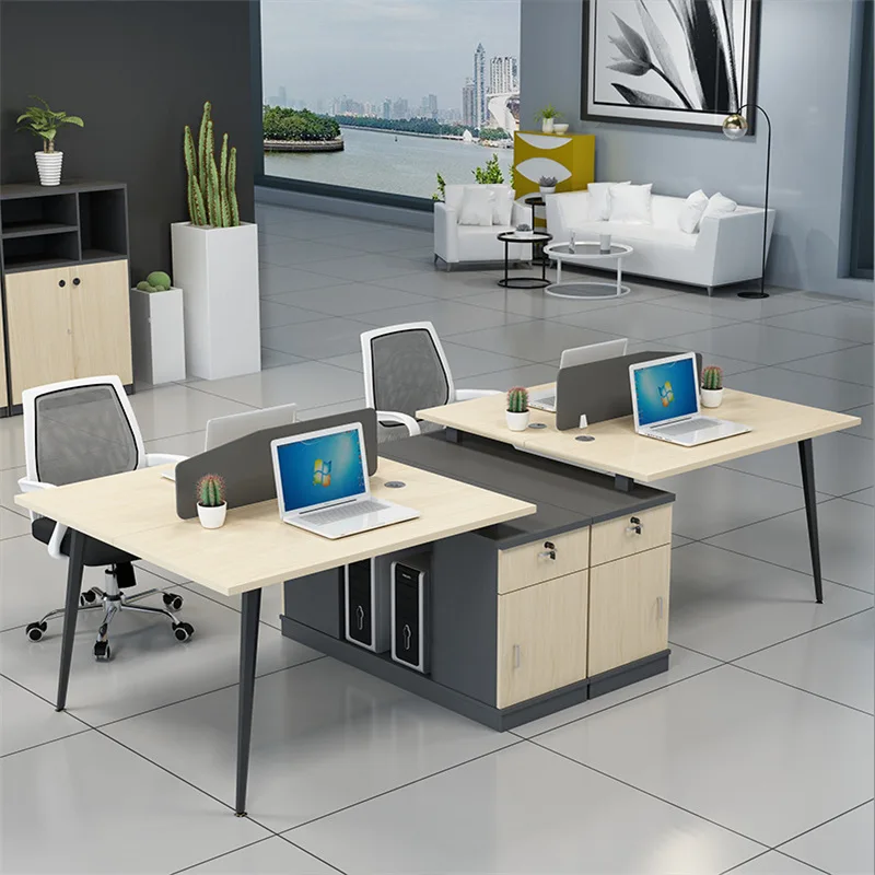 Four person computer desk and chair combination for employees, screen partition booth station