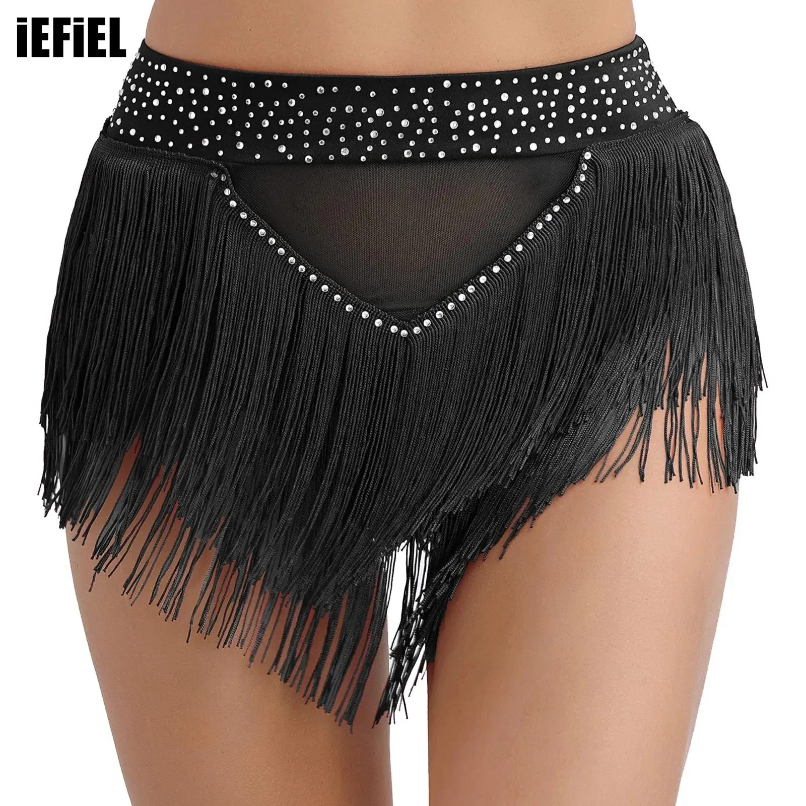 

Womens Samba Dance Shorts Shiny Rhinestone Tassel Belly Bottoms High Elastic See Through Mesh Dancewear Dance Briefs Underwear