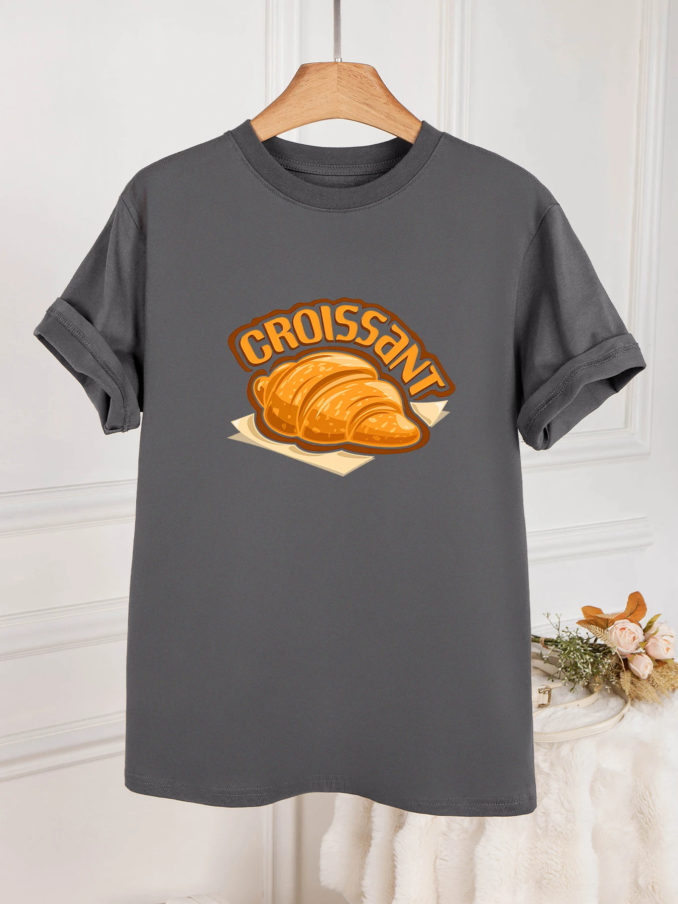 

Женская летняя серая хлопковая трикотажная футболка с принтом букв и хлеба, свободная повседневная футболка, дышащий и мягкий верх