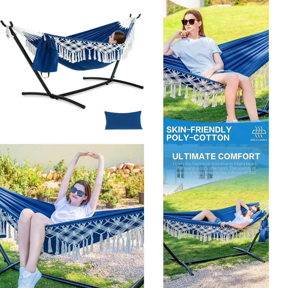 أرجوحة مزدوجة مع حامل للاستخدام الخارجي والداخلي، نمط شرابة مصنوع يدويًا، يدعم ما يصل إلى 450 رطل، تتضمن وسادة وتخزين