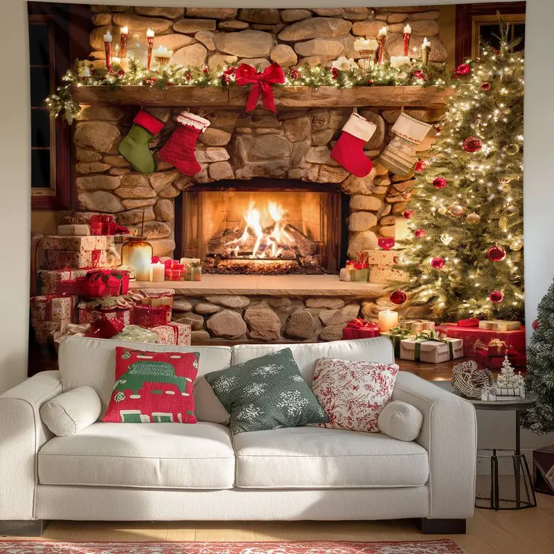 VIKAMA Stone Wall Furnace Christmas Tapestry Background Cloth Wall Decoration Living Room Background Wall Room Decoration