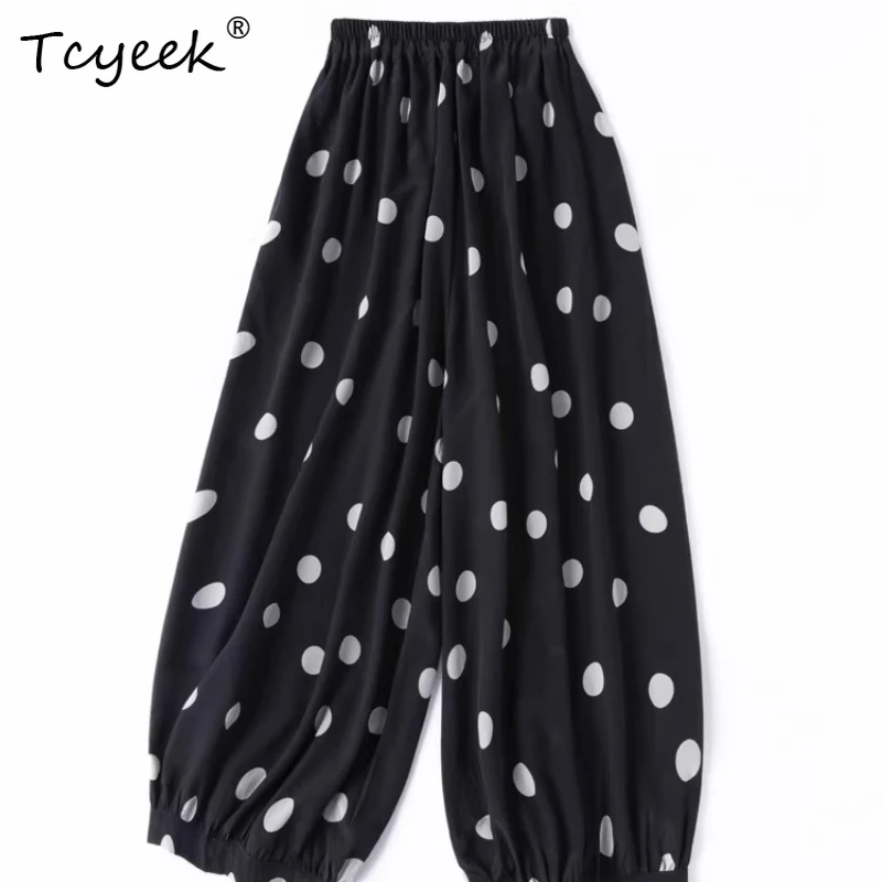 

Tcyeek 100% Real Mulberry Silk Ninth Pants Women 2026 Loose Elastic Waist Dot Bloomers Casual Women Clothing Pantalones De Mujer