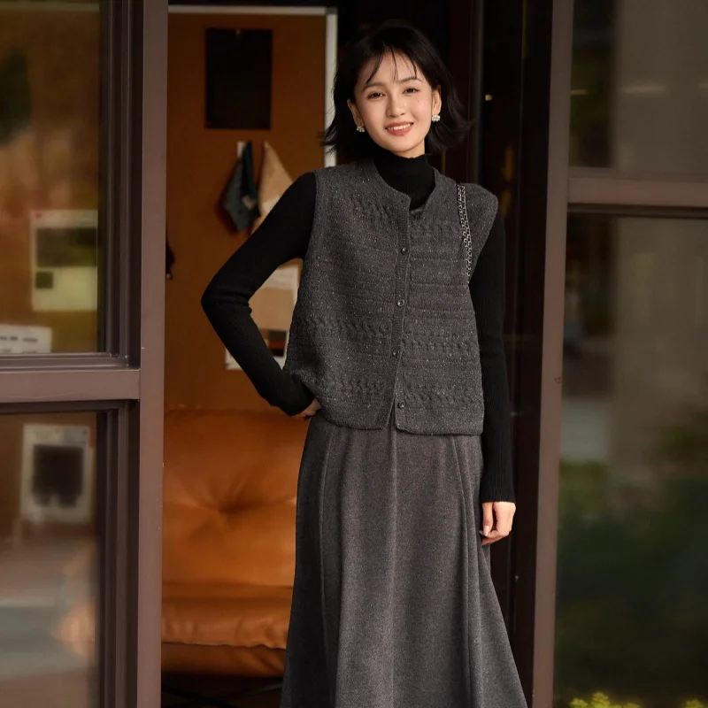 Birdtree، 90% صوف الأغنام 10% سترة الكشمير، سترة نسائية محبوكة برقبة دائرية، صدرية واحدة، صدرية خريف وشتاء 2025 T5N720JF #6