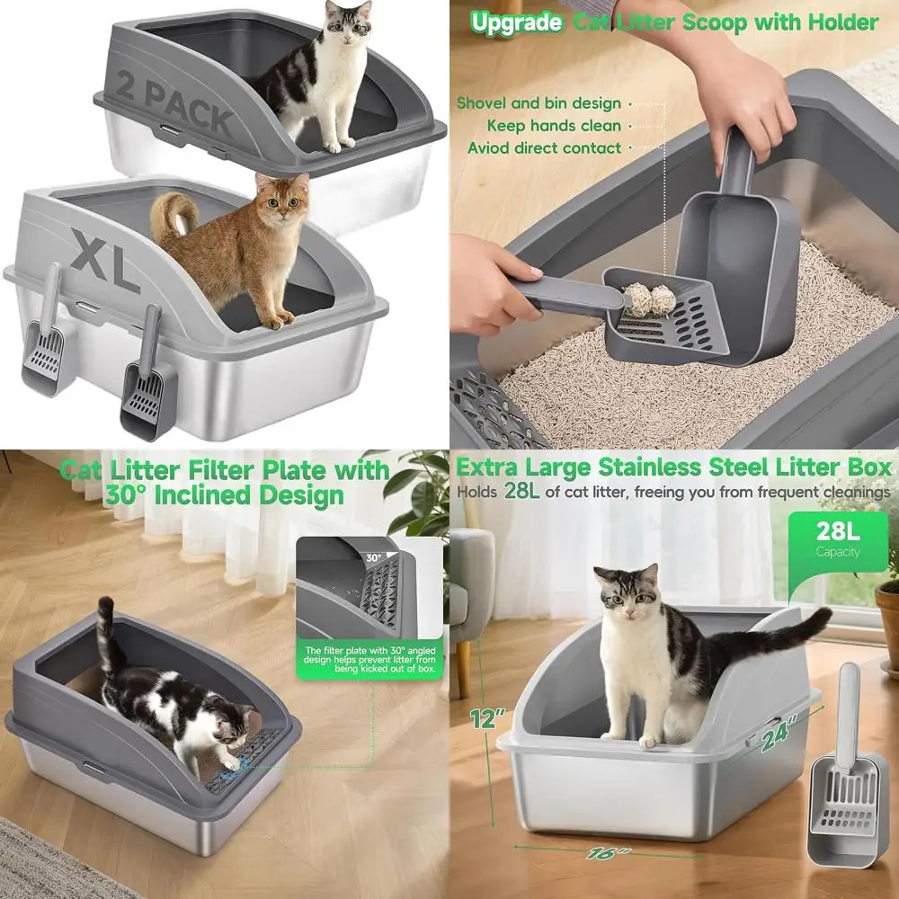 

Очень большой ящик для кошачьего туалета из нержавеющей стали XL с крышкой, 24 x 16 x 12, высокосторонний для больших кошек, легко чистится, включает совок — Da