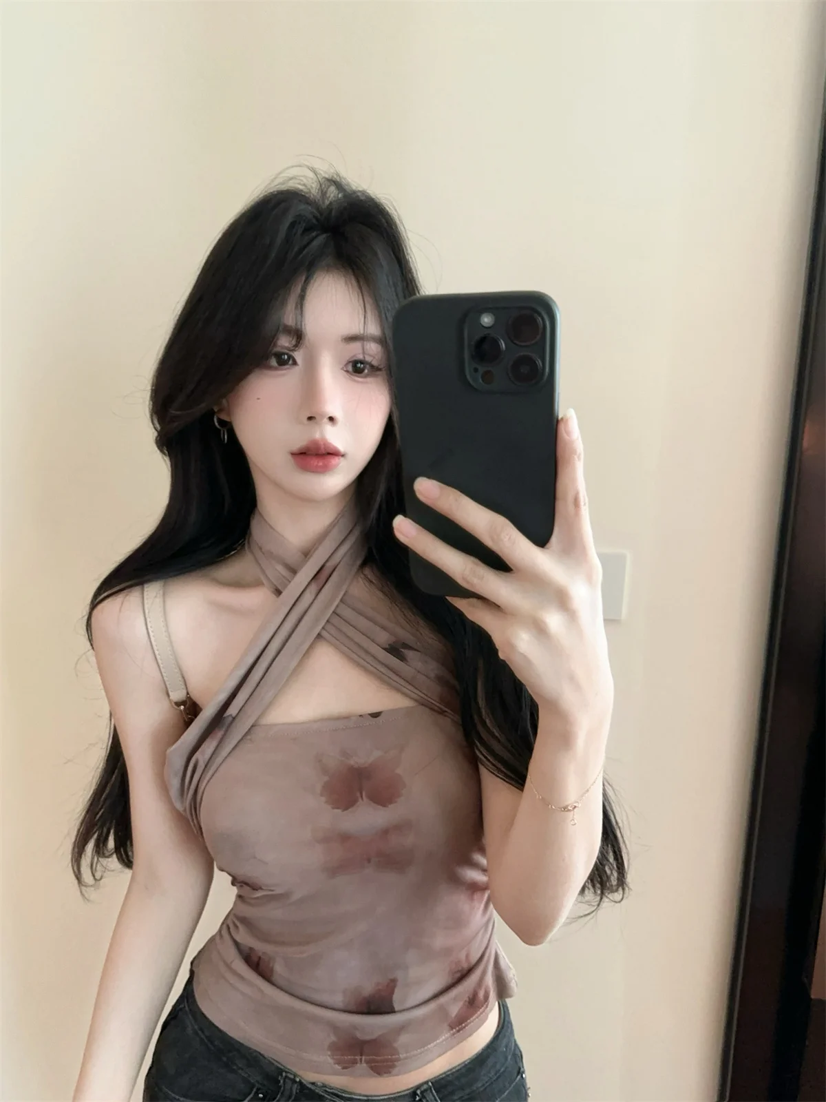 크로스 넥 타이 염색 홀터 탑 여성 여름 섹시한 미국 Y2K 트렌디 스트랩리스 미니 셔츠 태국 스타일 절대적으로 아름다운