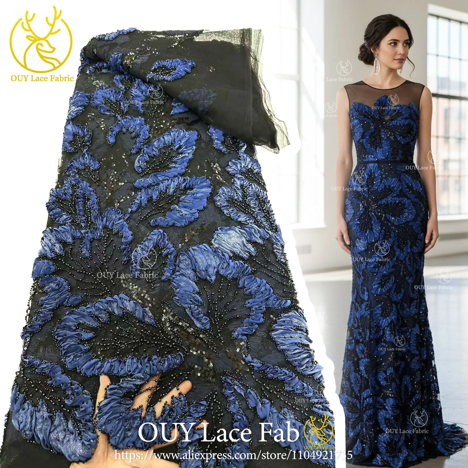 Ultimo tessuto di pizzo africano con perline in tulle 3D 5 metri di pizzo nigeriano con paillettes premium in stile francese adatto per indumenti da cucire