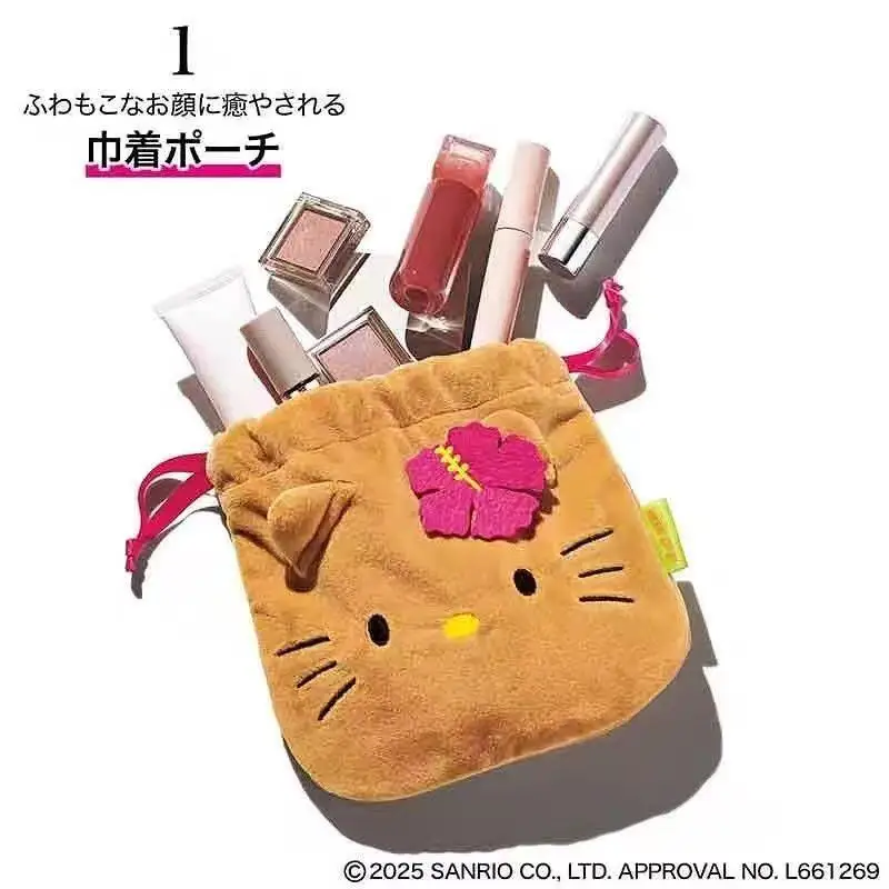 Sanrio Dark Skin Hello Kitty Soft Plush Multi-Functional Drawstring Bag Portable Makeup Brush Candy Storage Friend Birthday Gift