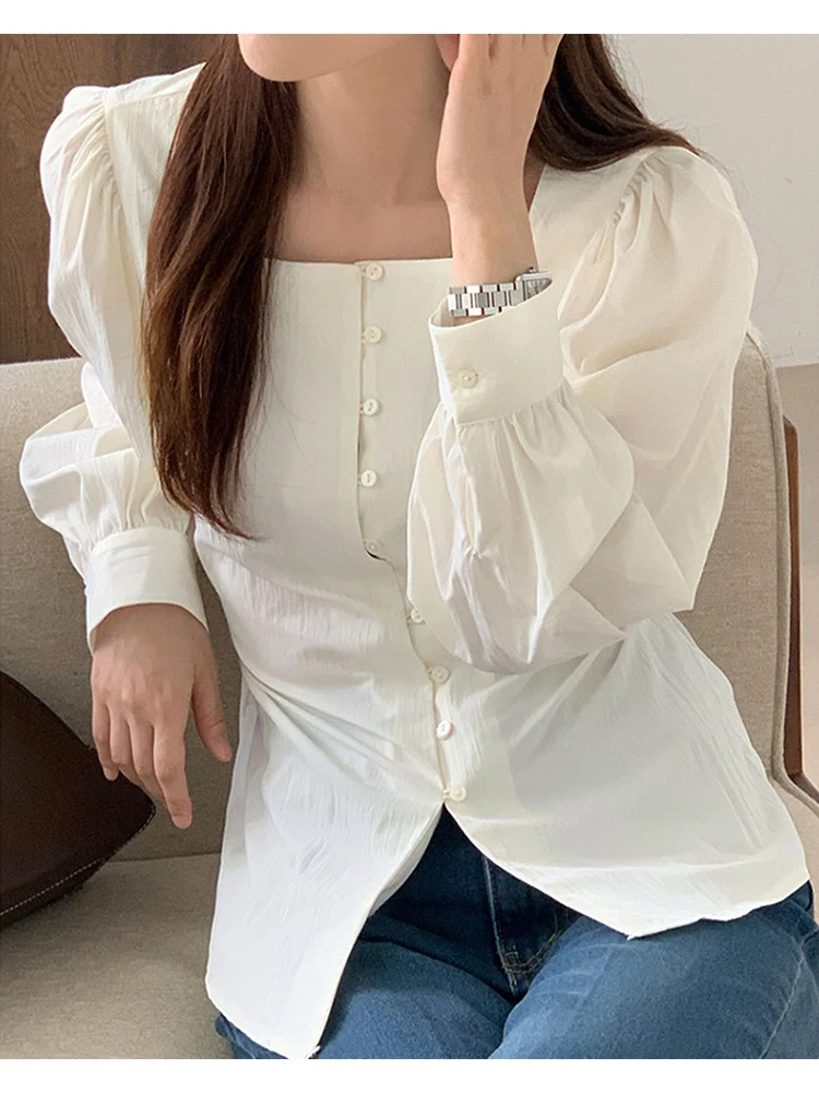 Stylish Square Collar Long Sleeve Women Shirts Lace-Up Blouse Fashion Single-Breasted Button Down Korean Fashion Casual Tops