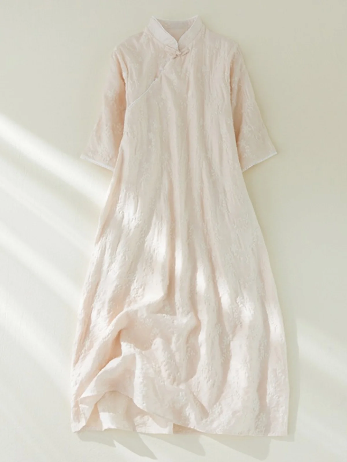 Retro bordado algodão lin qipao dr dupla camada algodão lin tecido botão lateral saia linha a longo sve verão dr