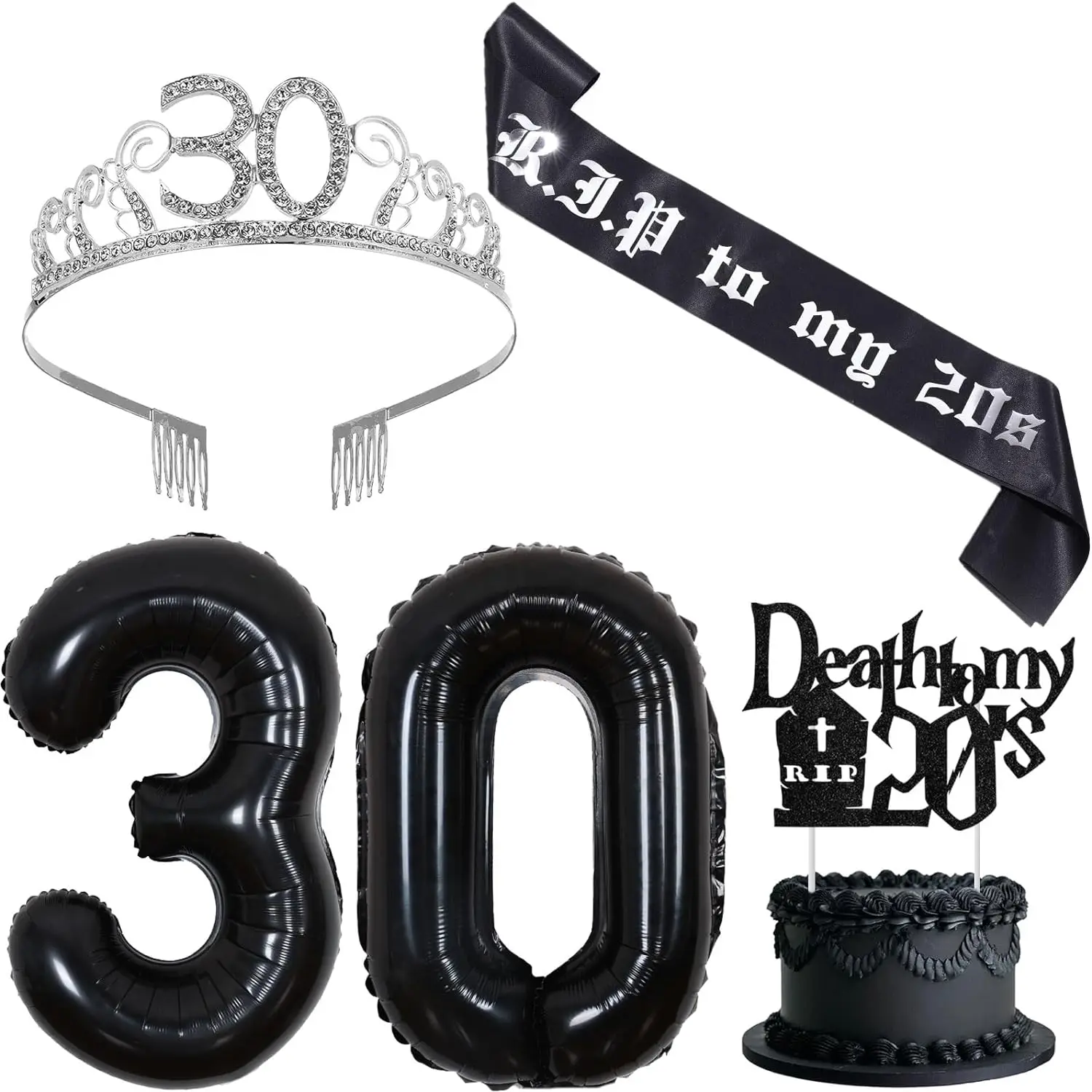 Rip to My 20s Sash and Crown Death to My 20s Cake Topper Number 30 Balloon for Funeral Themed Thirty Birthday Party Supplies