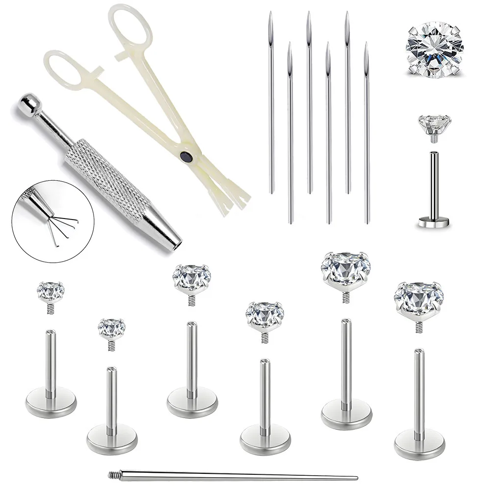 Lip/Ear Piercing Set -Ball Grabber Tool for Changing Jewelry 16G Piercing Needle Piercing tool With Internal Threaded Lip Ring