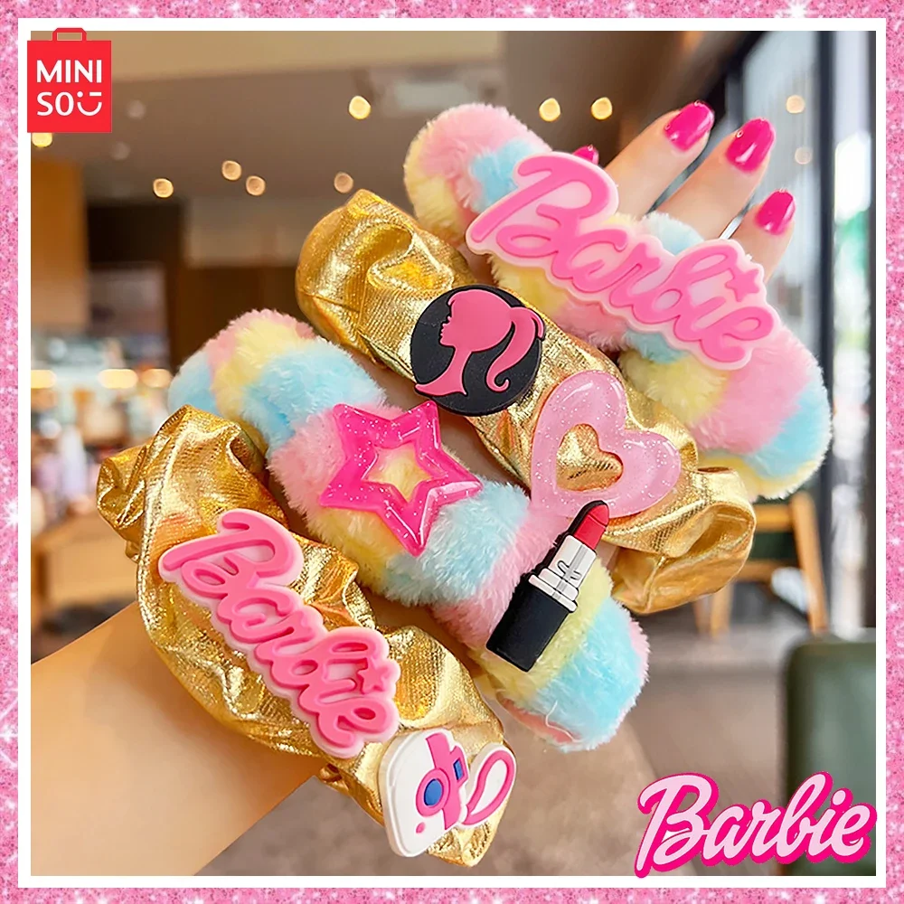 Miniso Barbie Pink 4-Pcs Sweet Cool Spicy Girl Y2K Girl Gold Candy Colorful Plush Hair Ring Star Hair Ornament Gift