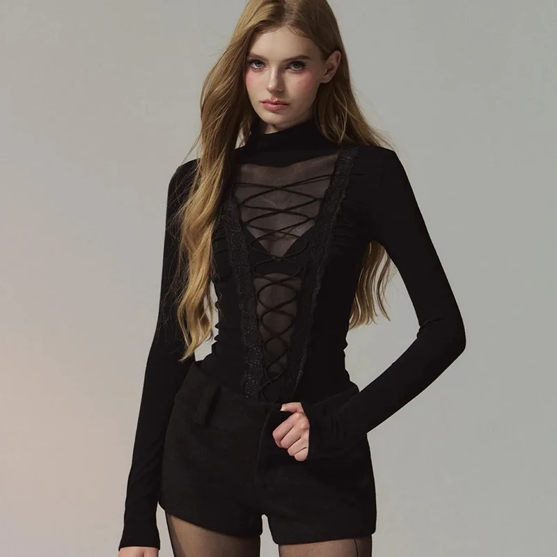 

Женская облегающая футболка с кружевными вставками и сетчатым низом, с длинным рукавом, в стиле Харадзюку, с воротником-стойкой, весна-осень