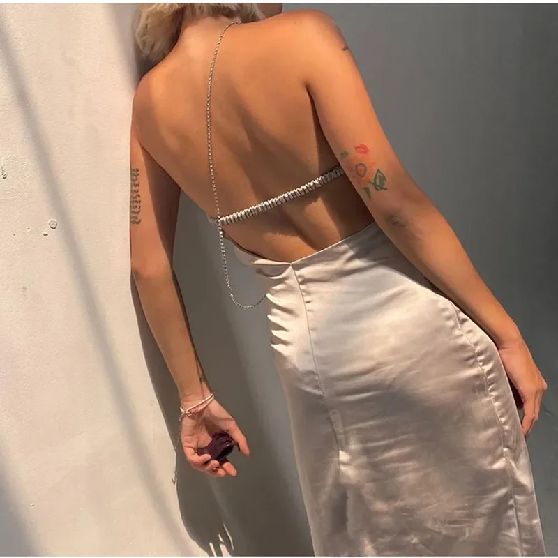 

Spring 2022 New Sexy Open Back Oblique Shoulder Zipper Dress Female Draped Mid-length Skirt Elegant Sleeveless Club Party Dress