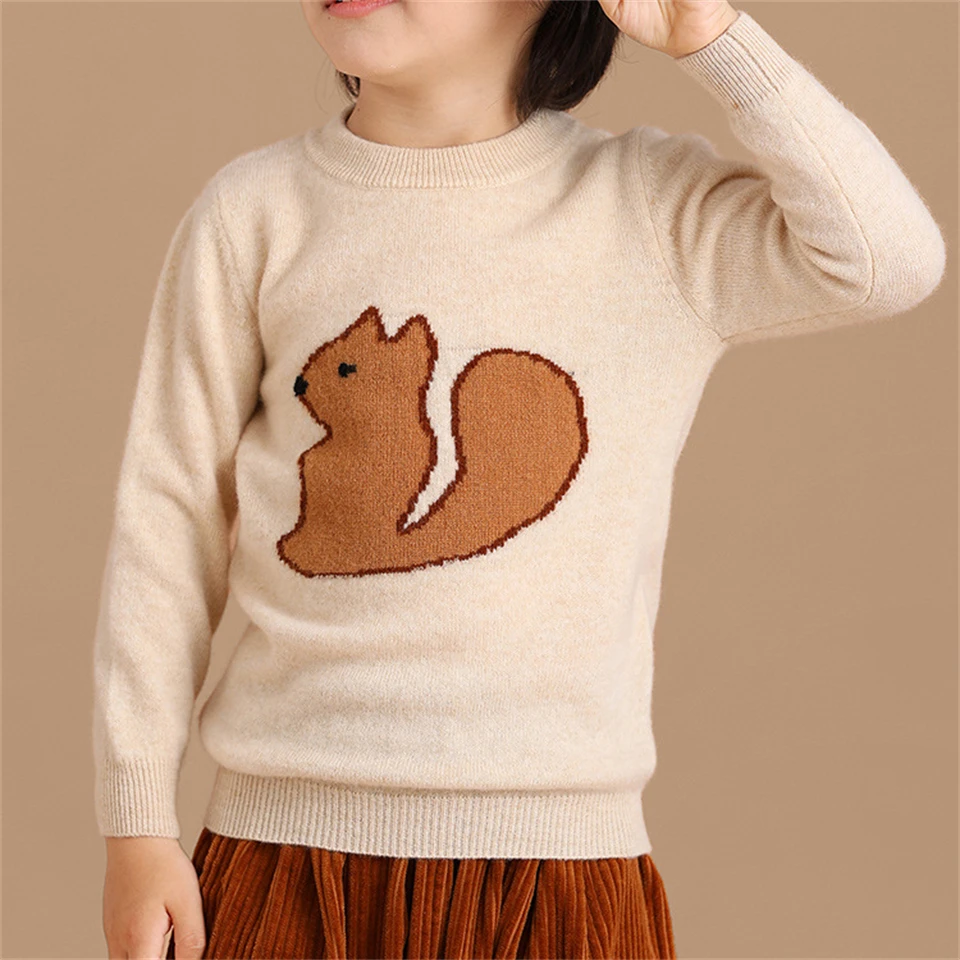 

Children cute squirrel 100% cashmere sweater Korean regular round neck knitted sweater Boys and Girls Pullover Warm Bottom Shirt